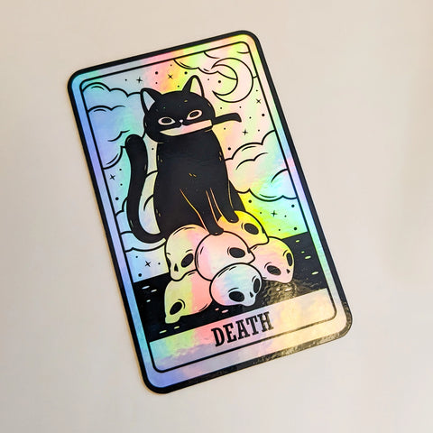 Death Black Cat Tarot Card Holographic Sticker