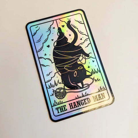 The Hanged Man Black Cat Tarot Card Holographic Sticker