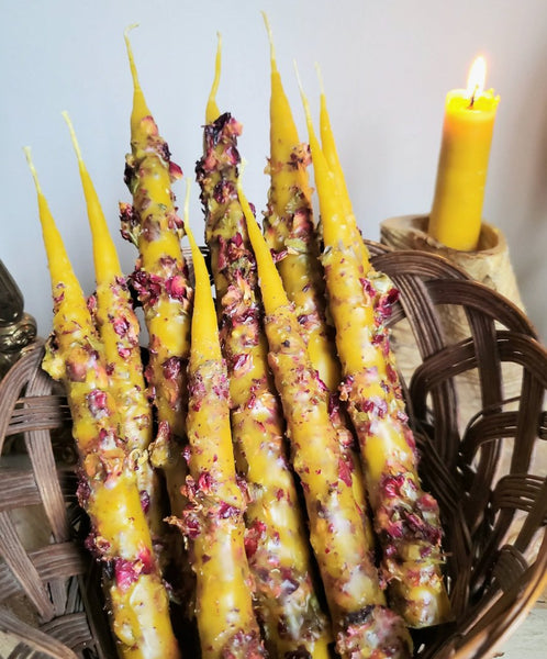 Beeswax Taper Candle with Rose Petals - The Mystics Club