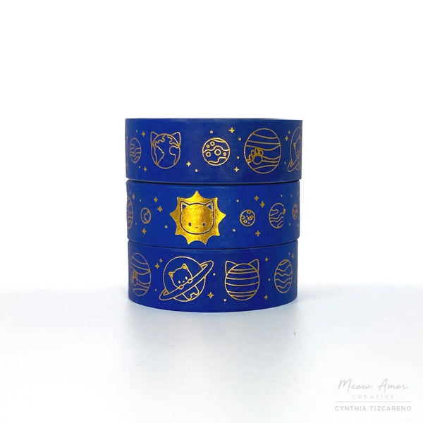 Blue Cat Solar System Gold Foil Washi Tape
