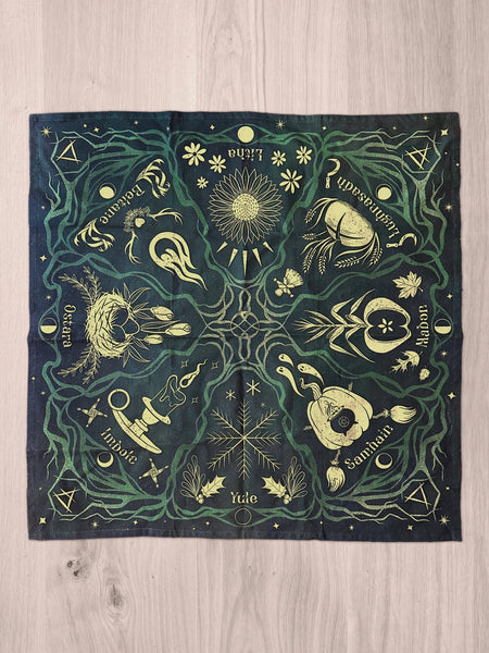 Wheel of the Year Cotton Tea Towel- Black or Green - The Mystics Club